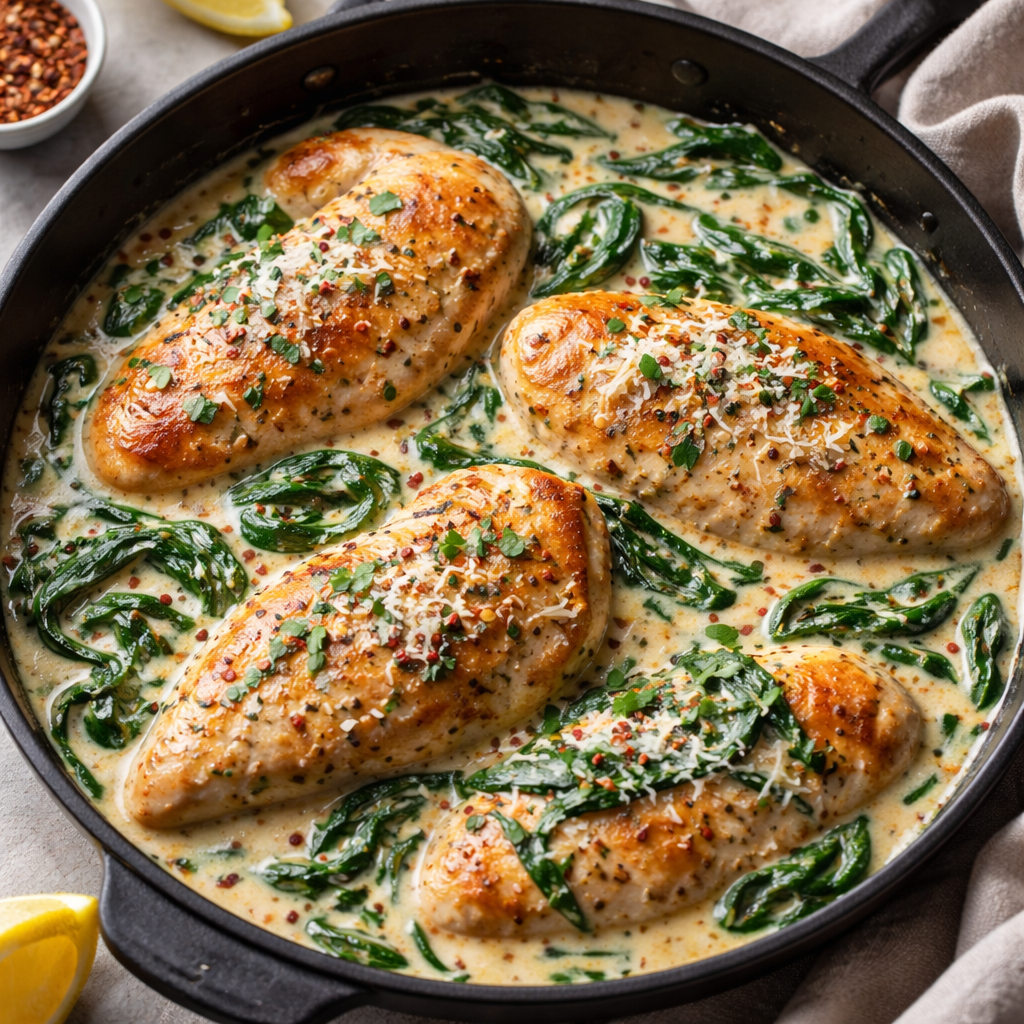 Pollo Cremoso al ajo y espinacas