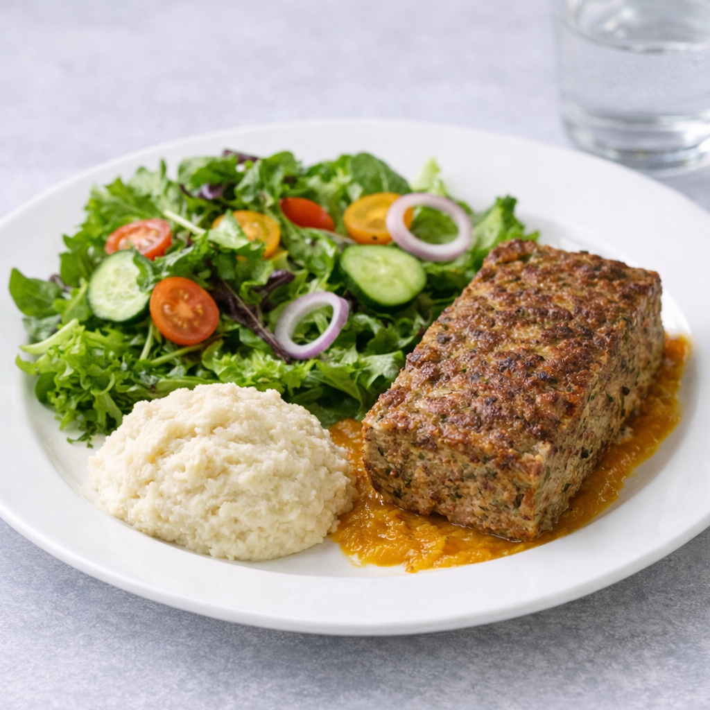 🥩 Meatloaf Keto de Cerdo con Puré de Coliflor y Ensalada&nbsp;Verde